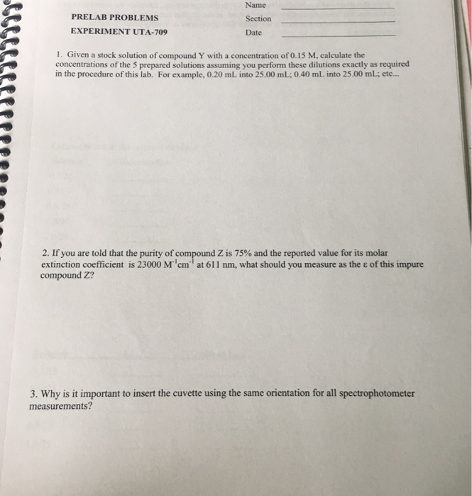 Solved Name Section Date PRELAB PROBLEMS EXPERIMENT UTA-709 | Chegg.com