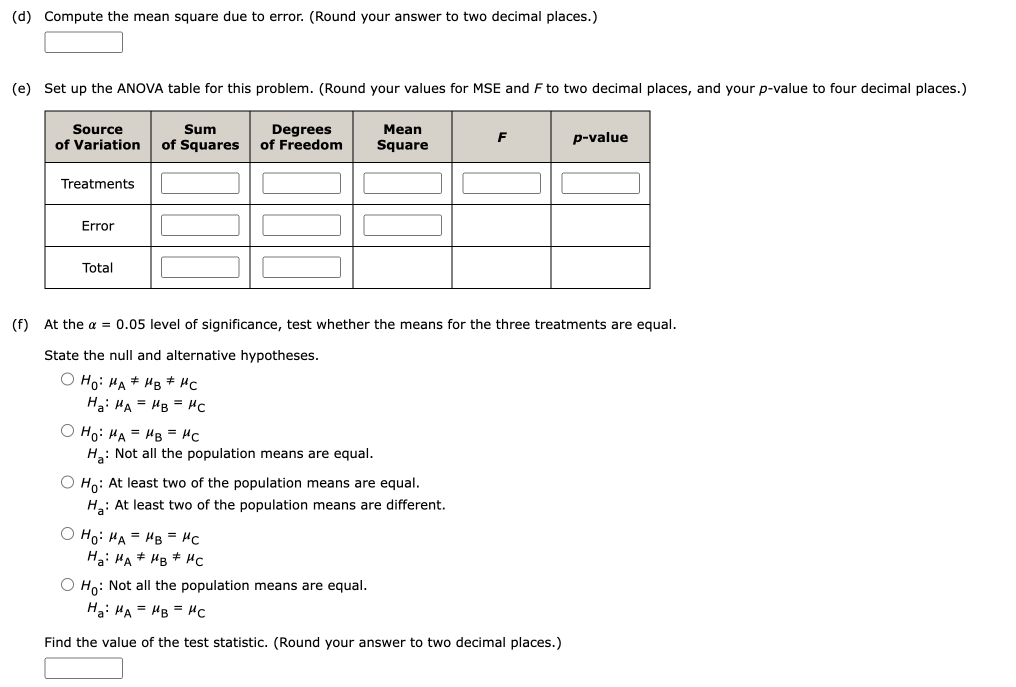 Solved (d) Compute the mean square due to error. (Round your | Chegg.com