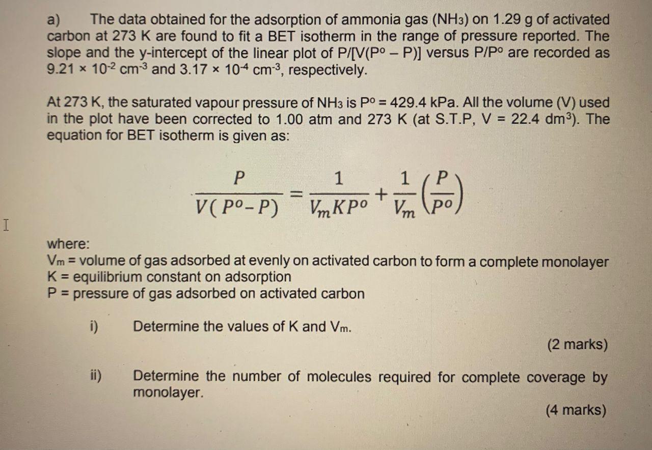 Solved a) The data obtained for the adsorption of ammonia | Chegg.com