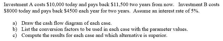 Solved Investment A costs $10,000 today and pays back | Chegg.com