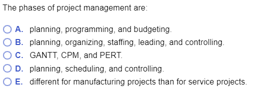 Solved The phases of project management are O A. planning, | Chegg.com