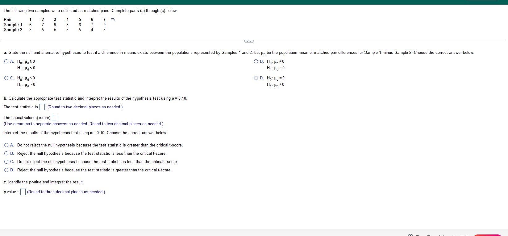Solved The following two samples were collected as matched | Chegg.com