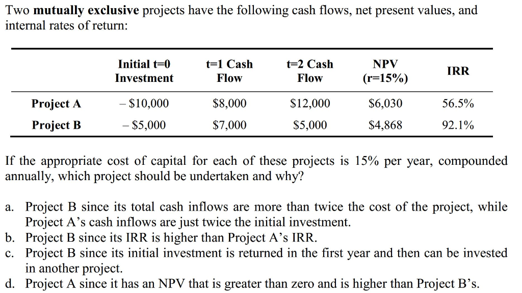 Solved Two mutually exclusive projects have the following | Chegg.com