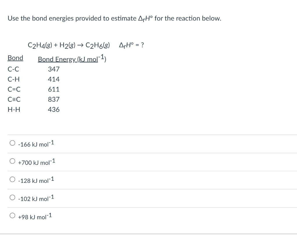 Solved Use The Bond Energies Provided To Estimate ΔrH∘ For | Chegg.com