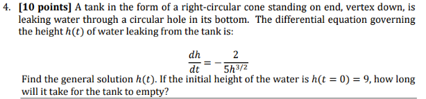 Solved 4. [10 points] A tank in the form of a right-circular | Chegg.com