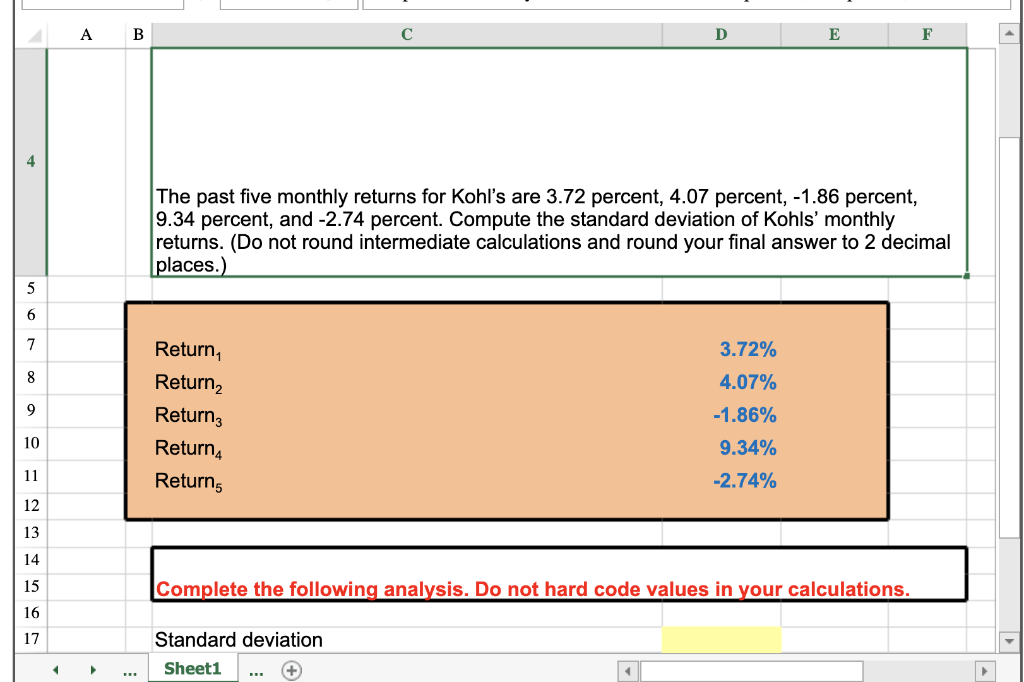 Solved A B D E F The past five monthly returns for Kohl's