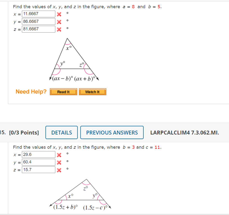 find the value of x y and z in the following figure