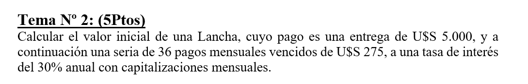 Tema N \( { }^{0} \) 2: (5Ptos) Calcular el valor inicial de una Lancha, cuyo pago es una entrega de U\$S 5.000, y a continua