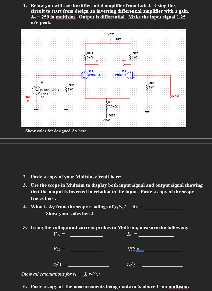 Solved 1. Below you will see the differential amplifier from | Chegg.com