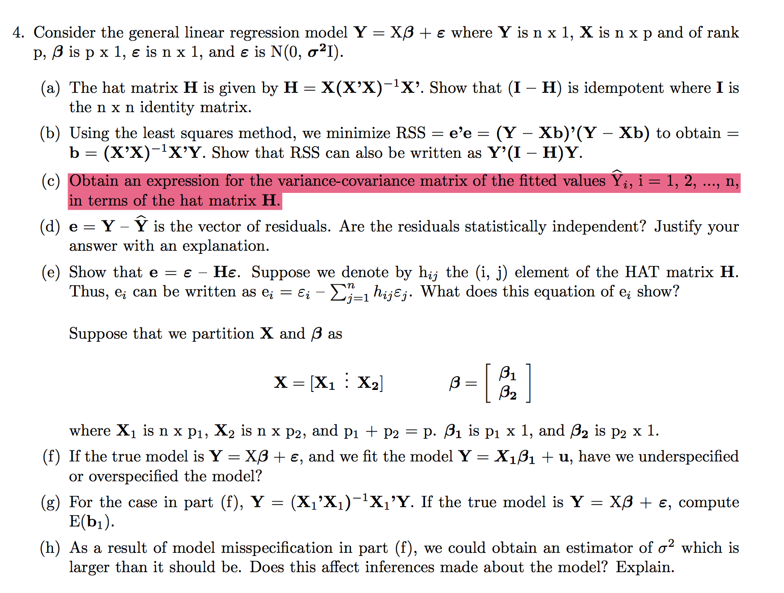 4 Consider The General Linear Regression Model Y Chegg Com