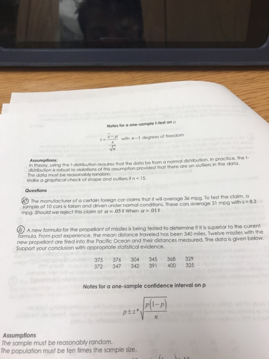 Solved Name AP Stats Notes for a one-sample confidence | Chegg.com