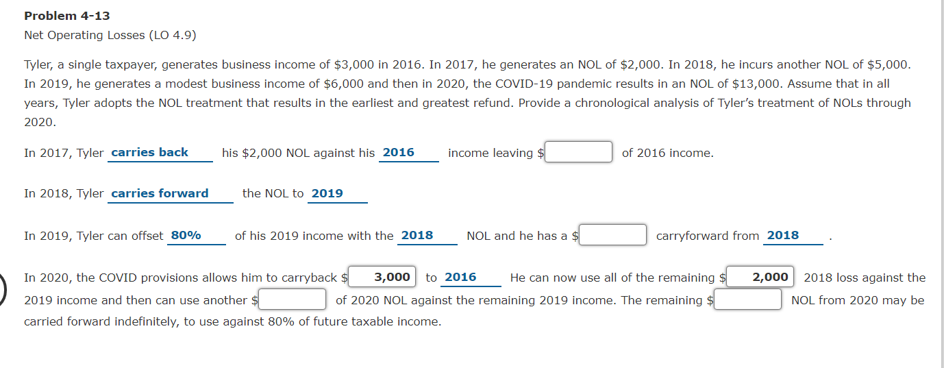 Solved Problem 413 Net Operating Losses (LO 4.9) Tyler, a