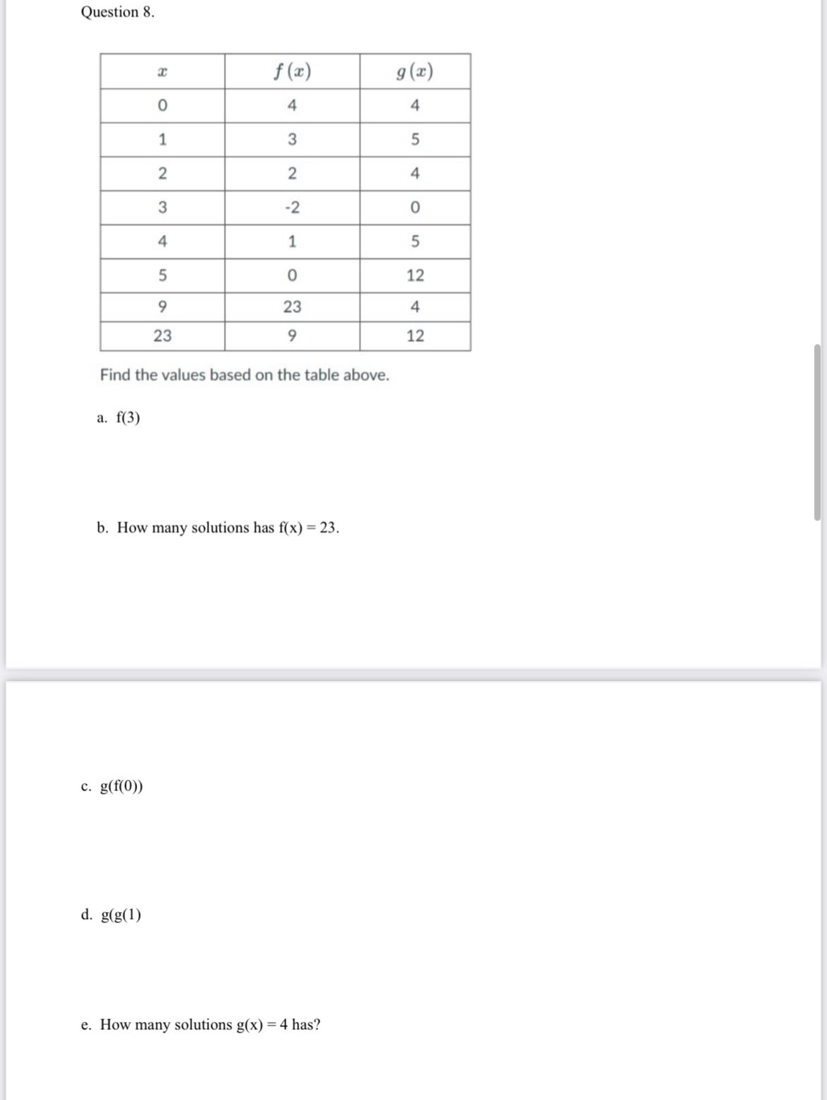 Solved Question 8. Find The Values Based On The Table Above. | Chegg.com