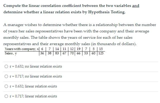 Solved Compute the linear correlation coefficient between | Chegg.com