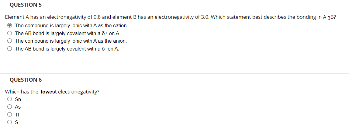 Solved Element A has an electronegativity of 0.8 and element | Chegg.com