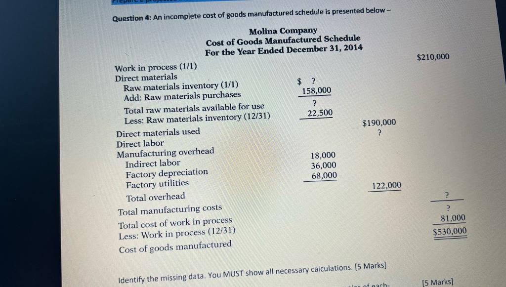 Solved Question 4 An cost of goods manufactured