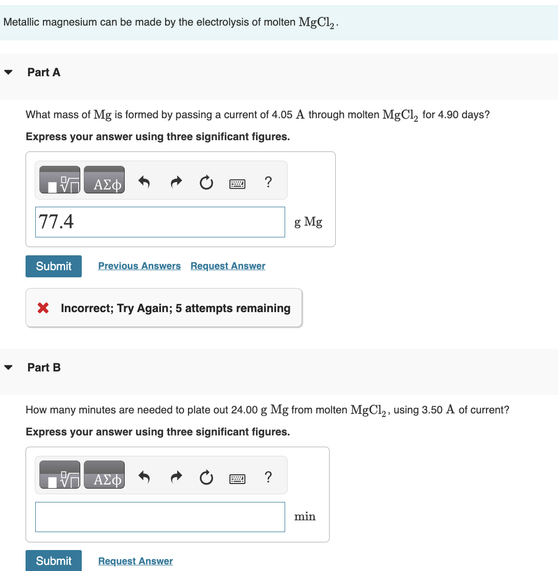 Solved Metallic magnesium can be made by the electrolysis of | Chegg.com