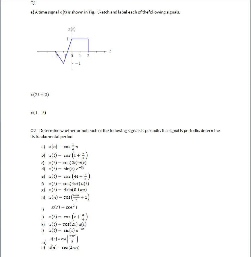 Solved Q1 a) A time signal x (t) is shown in Fig. Sketch and