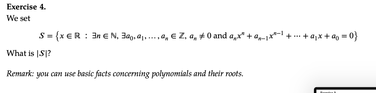 Solved Exercise 4. We set S = {xER : En e N, 320, , ..., An | Chegg.com