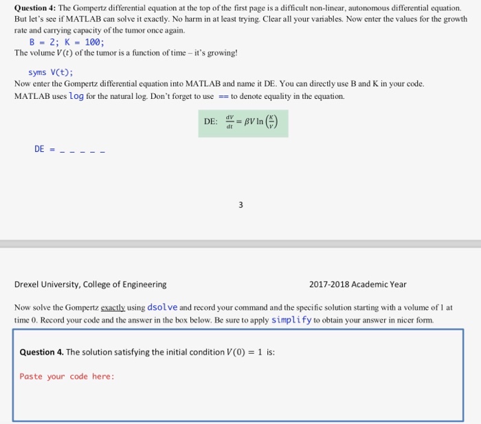 Solved Question 4 The Gompertz differential equation at the