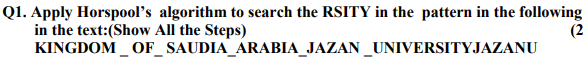 Solved Q1. Apply Horspool's algorithm to search the RSITY in | Chegg.com