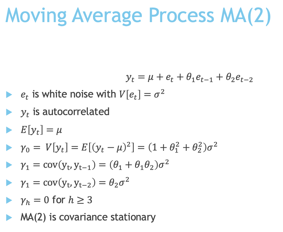 Moving Average Process MA(2)
\[
y_{t}=\mu+e_{t}+\theta_{1} e_{t-1}+\theta_{2} e_{t-2}
\]
\( e_{t} \) is white noise with \( V