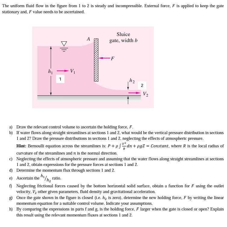 The uniform fluid flow in the figure from 1 to 2 is steady and incompressible. External force, \( F \) is applied to keep the