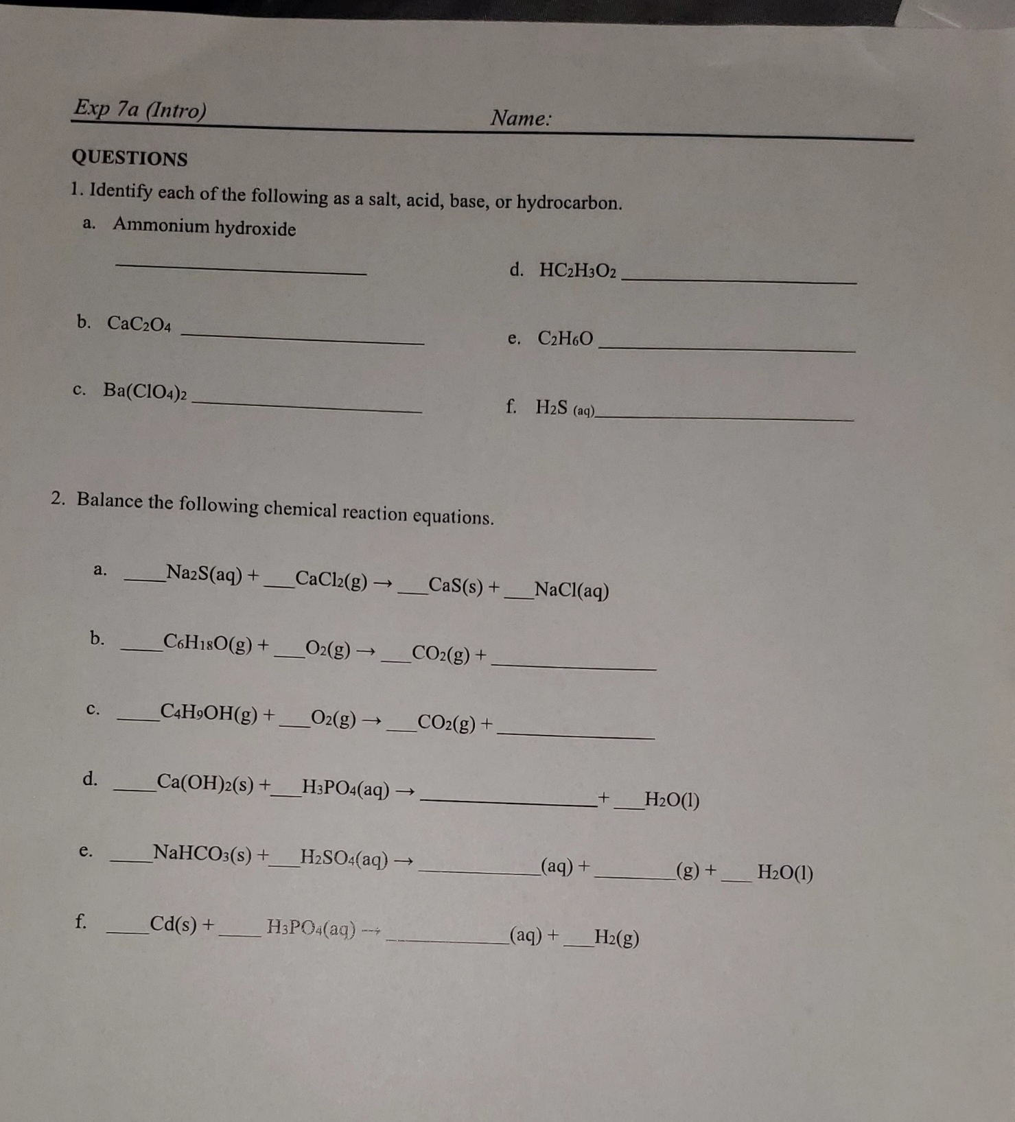 Solved 1. Identify Each Of The Following As A Salt, Acid, 