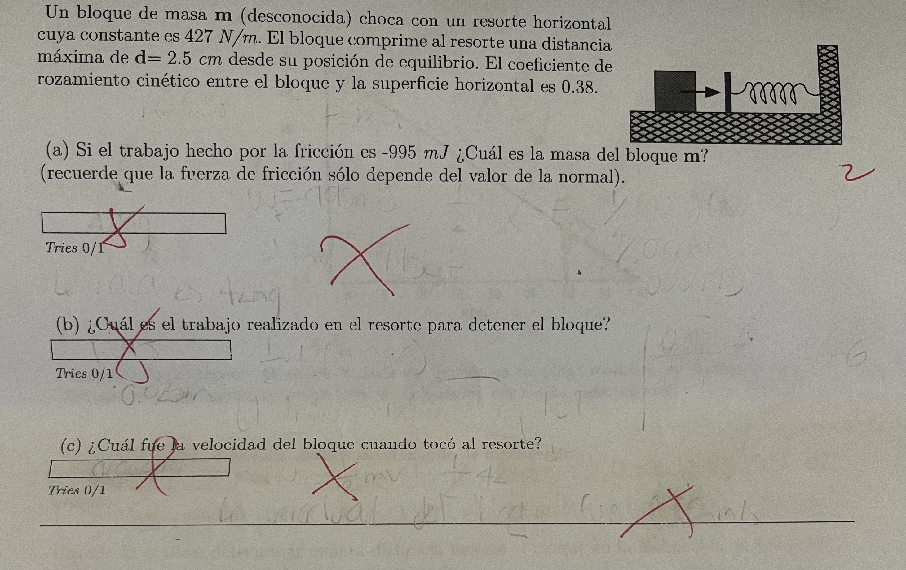 Un bloque de masa \( \mathbf{m} \) (desconocida) choca con un resorte horizontal cuya constante es \( 427 \mathrm{~N} / \math