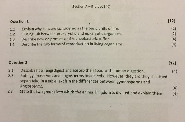Solved Section A - Biology [40] Question 1 1.1 1.2 1.3 1.4 | Chegg.com