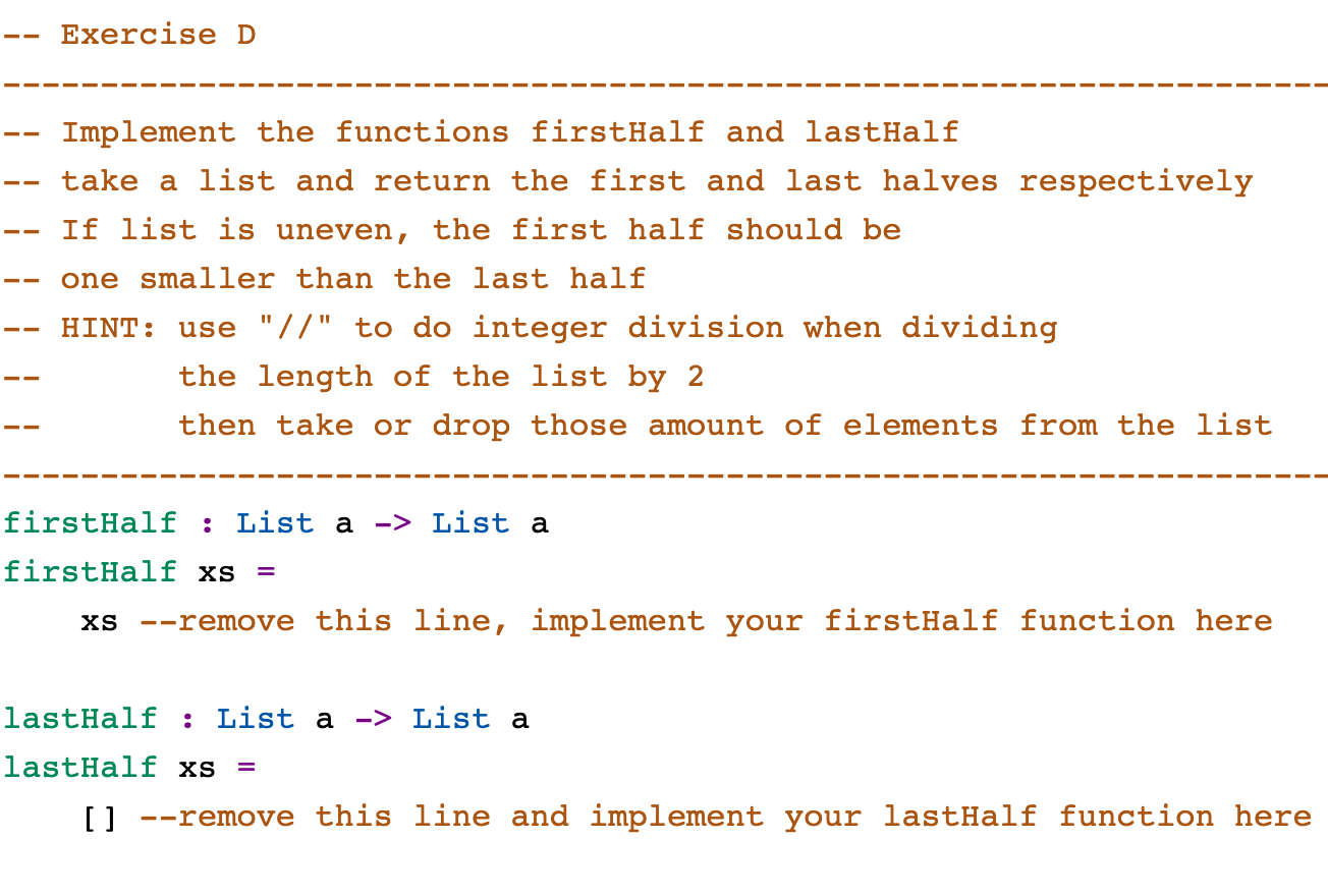 Solved -- Implement the functions firstHalf and lastHalf -- | Chegg.com