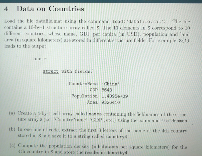 Solved Data on Countries 4 Load the file datafile.mat using | Chegg.com