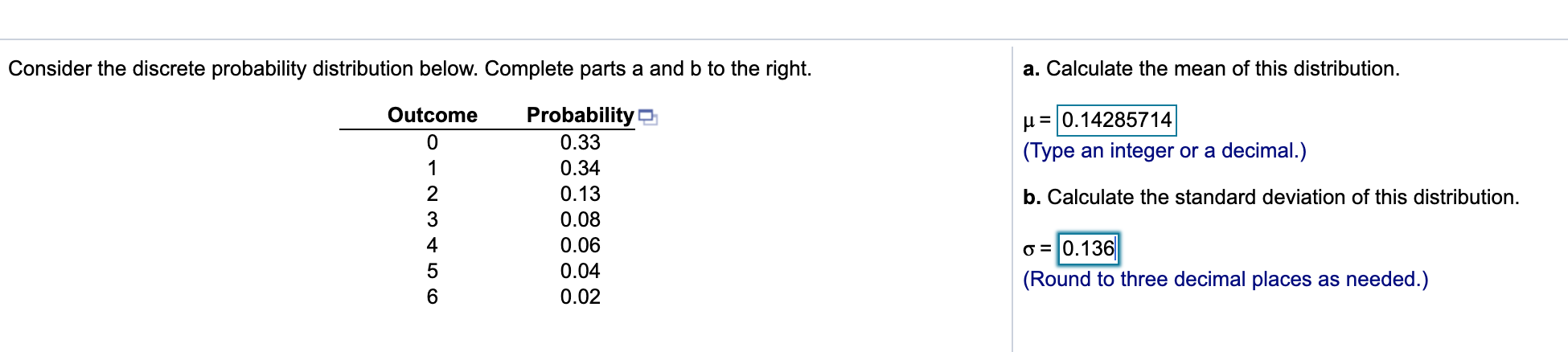 Solved Consider the discrete probability distribution below. | Chegg.com
