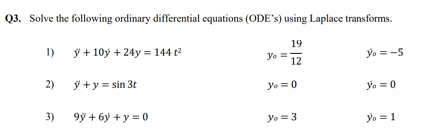 Q3. Solve the following ordinary differential equations (ODEs) using Laplace transforms. 1) \( \ddot{y}+10 \dot{y}+24 y=144