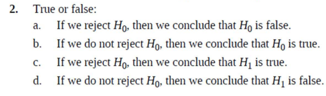 Solved 2. True or false: a. If we reject H0, then we | Chegg.com