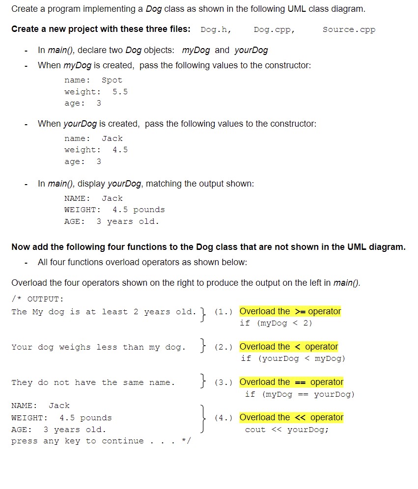 Solved Create a program implementing a Dog class as shown in | Chegg.com