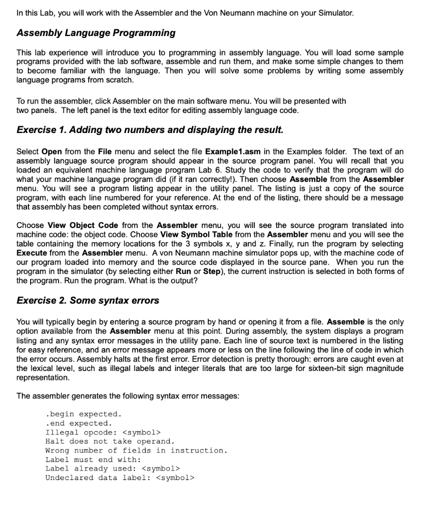 In this Lab, you will work with the Assembler and the | Chegg.com