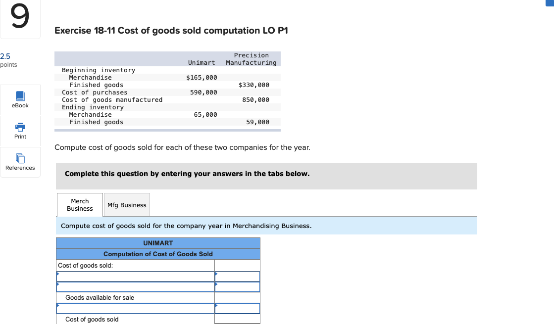 Solved 9 Exercise 18-11 Cost Of Goods Sold Computation LO P1 | Chegg.com