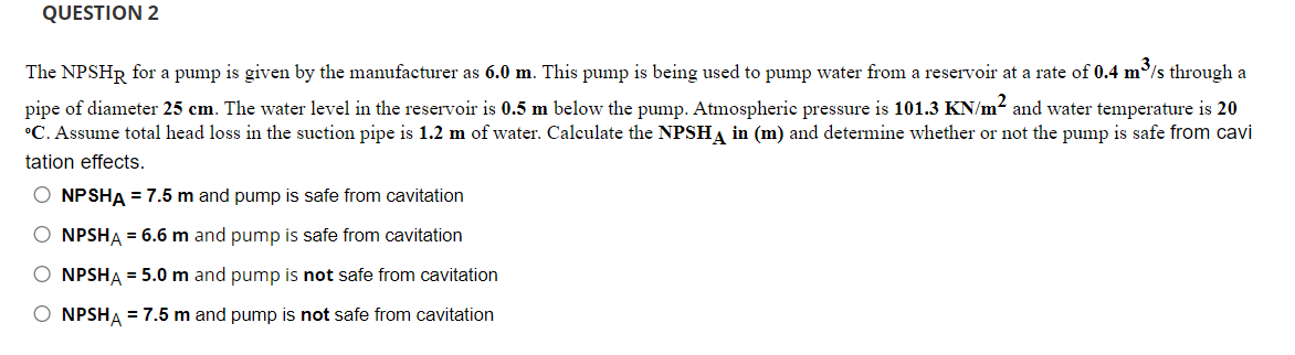 Solved The NPSHR For A Pump Is Given By The Manufacturer As | Chegg.com