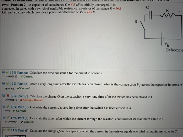 Solved (9%) Problem 9: A capacitor of capacitance C= 6.5 F | Chegg.com