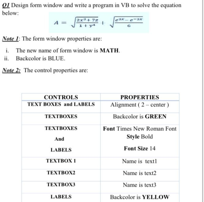 Solved 01 Design form window and write a program in VB to | Chegg.com