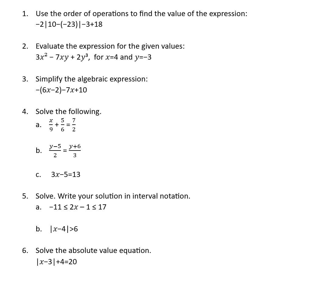 Solved 1. Use the order of operations to find the value of | Chegg.com