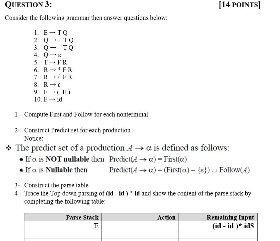 Solved QUESTION 3: Consider The Following Grammar Then | Chegg.com