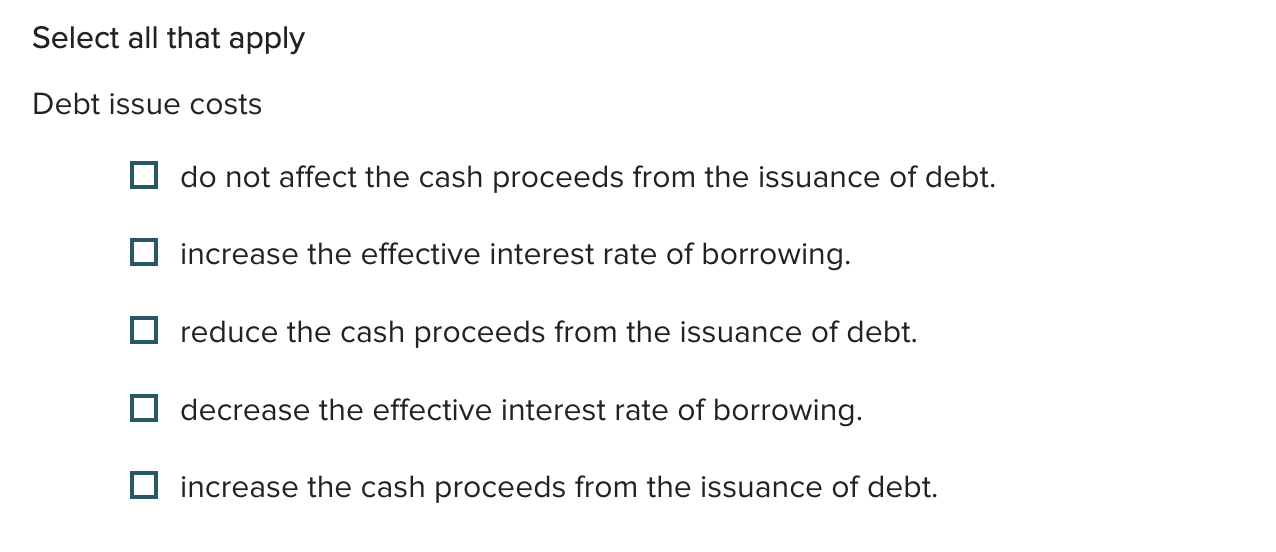 Solved Select all that apply Debt issue costs do not affect | Chegg.com