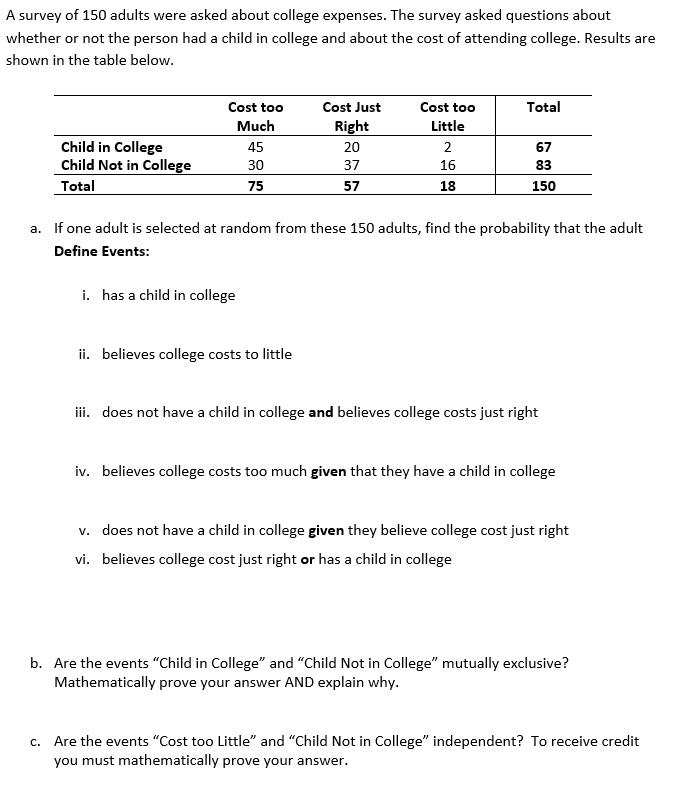Solved A survey of 150 adults were asked about college | Chegg.com