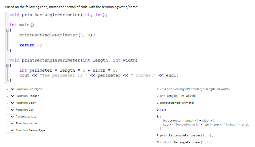Solved Based on the following code, match the section of | Chegg.com