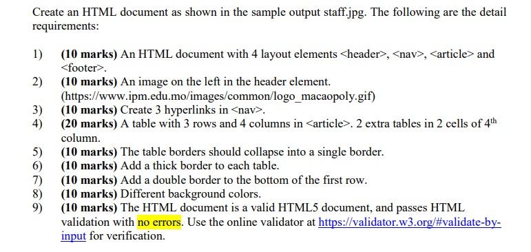 Create an HTML document as shown in the sample output | Chegg.com