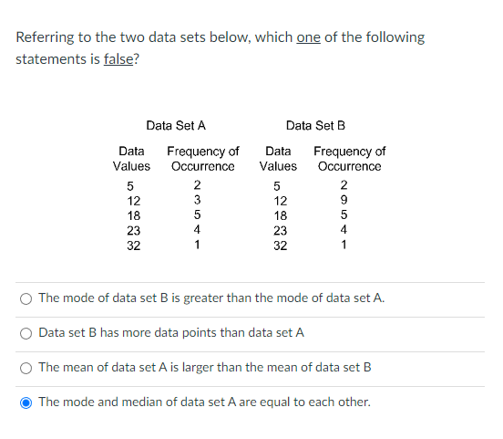 Solved Referring to the two data sets below, which one of | Chegg.com