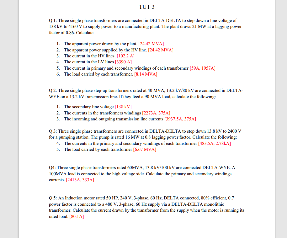Solved TUT 3 Q1: Three single phase transformers are | Chegg.com