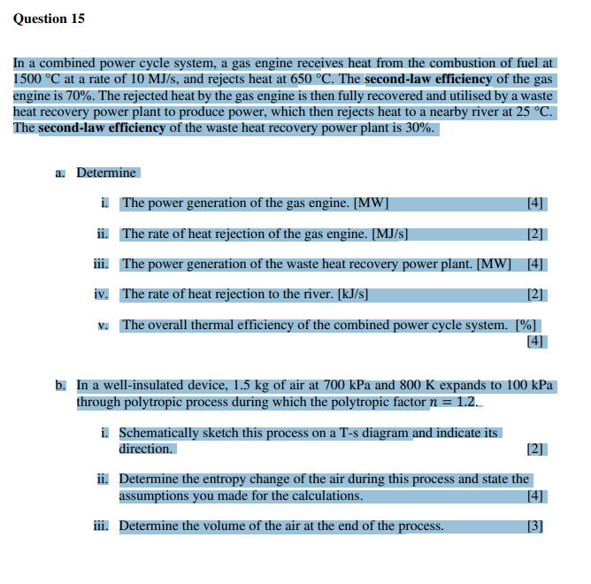 Solved In a combined power cycle system, a gas engine